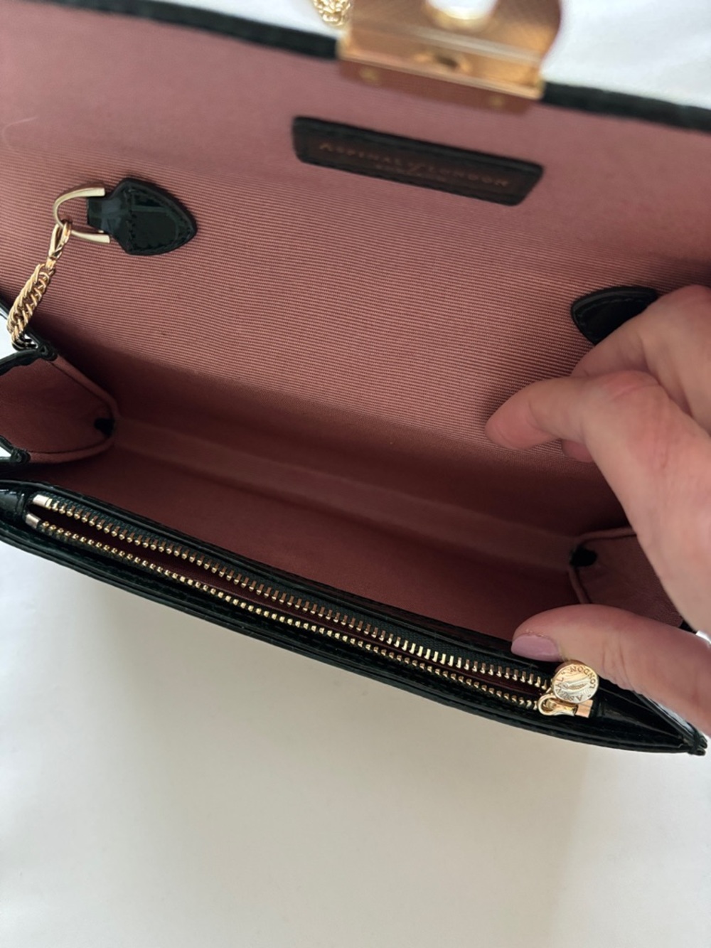 Aspinal of London Dark Green Croc-Embossed Chain clutch Bag - Picture 12 of 12